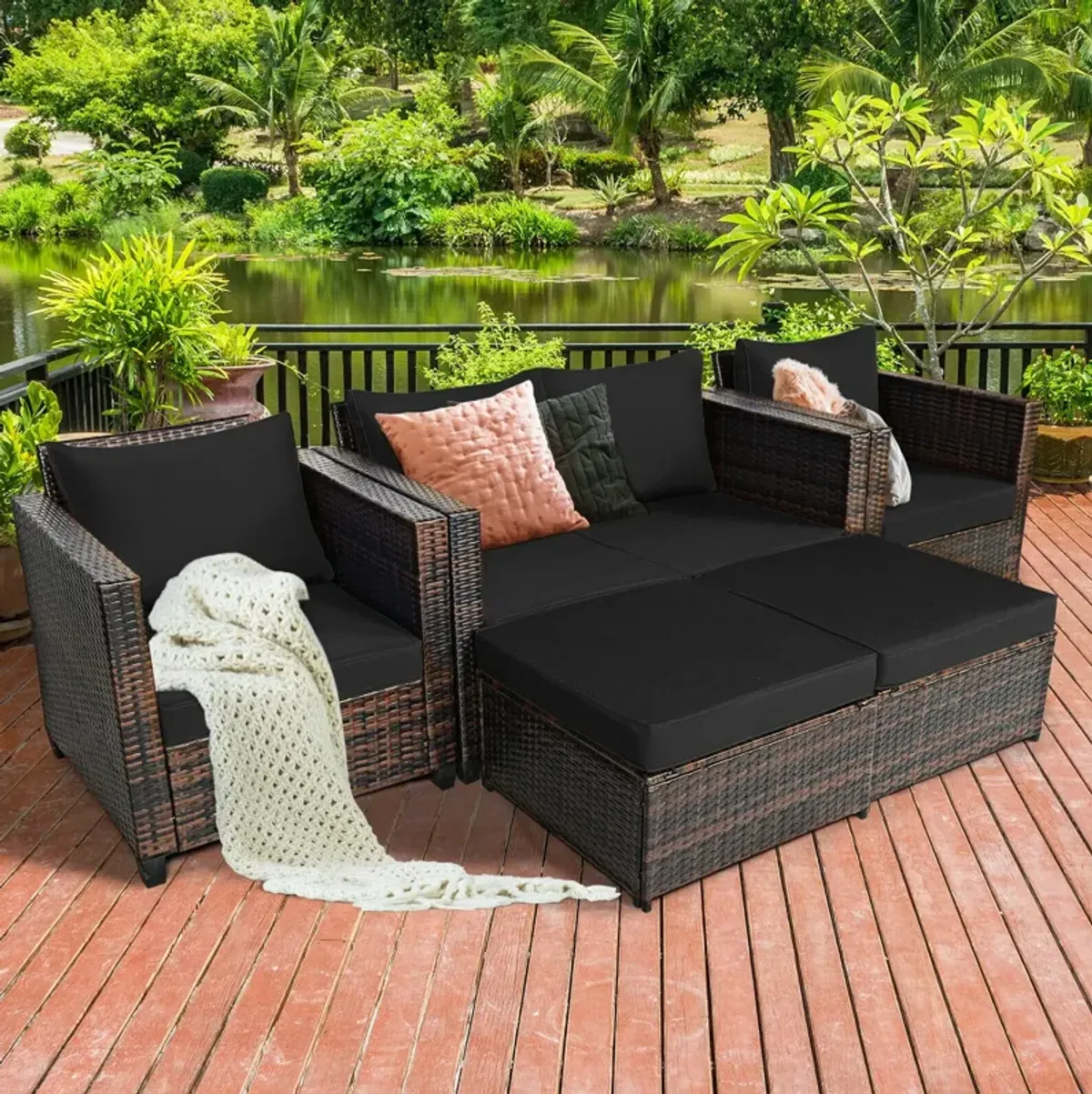 5 Pieces Patio Rattan Furniture Set Conversation Sets with Removable Cushions