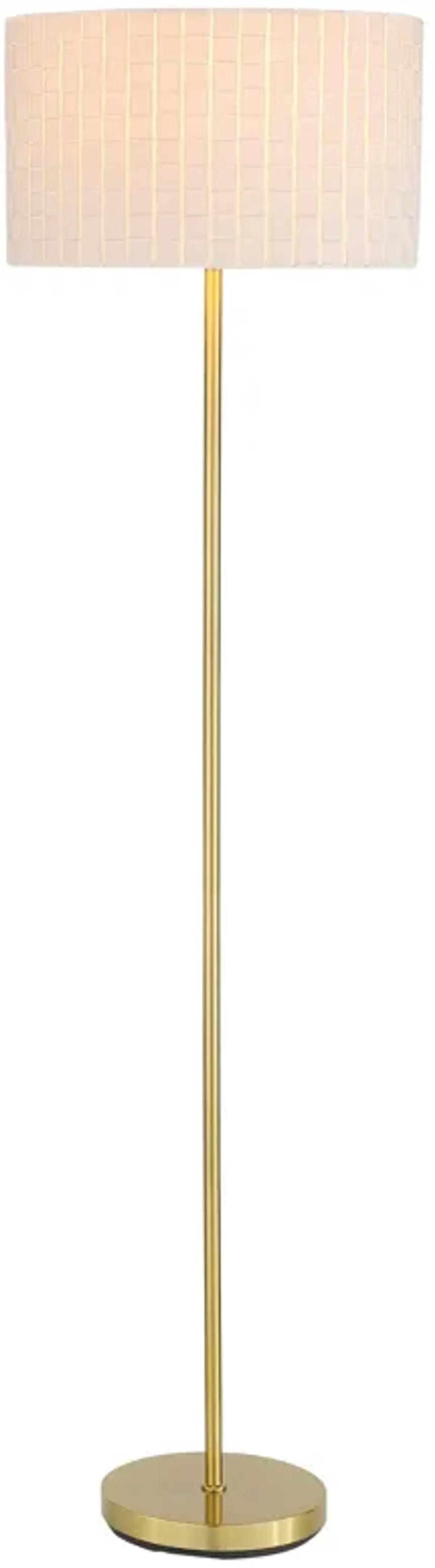 Nek 66 Inch Floor Lamp, Basketweave Drum Shade, Ivory Fabric, Gold Metal - Benzara