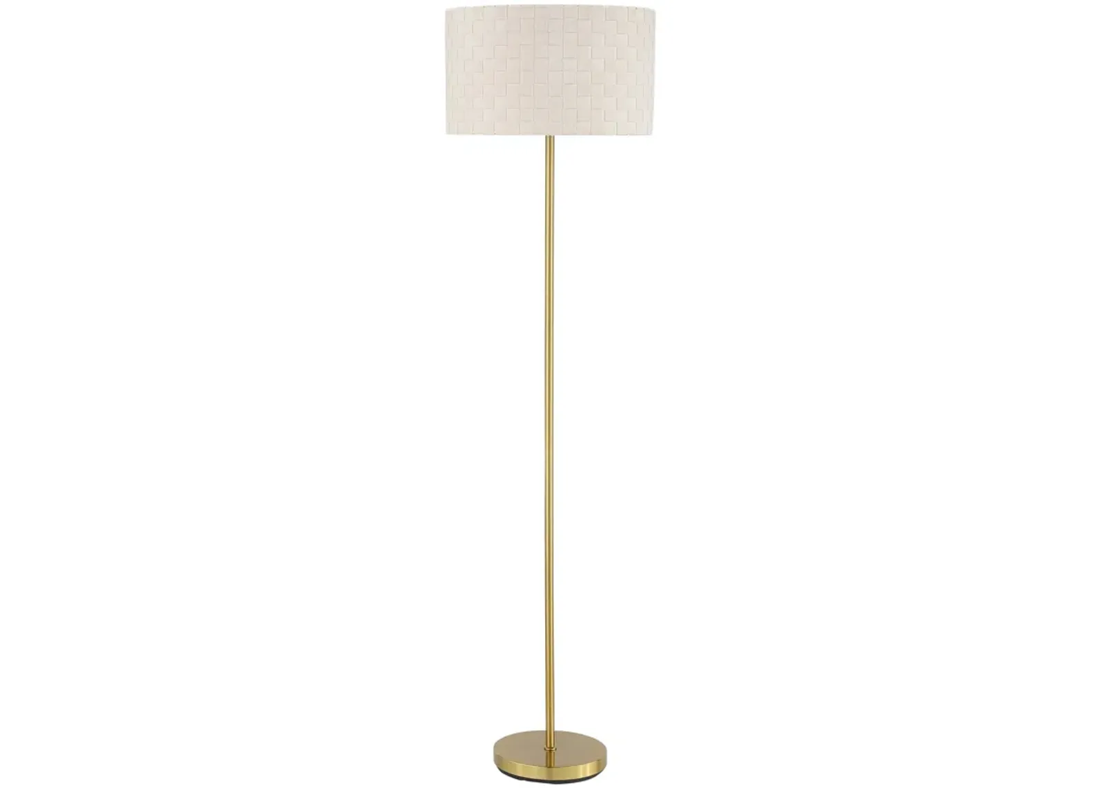 Nek 66 Inch Floor Lamp, Basketweave Drum Shade, Ivory Fabric, Gold Metal - Benzara