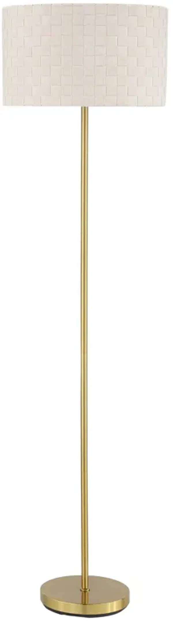 Nek 66 Inch Floor Lamp, Basketweave Drum Shade, Ivory Fabric, Gold Metal - Benzara