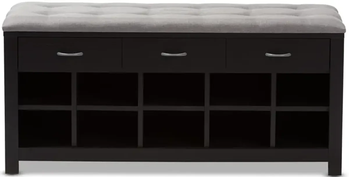 Baxton Studio Modern Espresso Finished Grey Fabric Upholstered Cushioned Entryway Bench