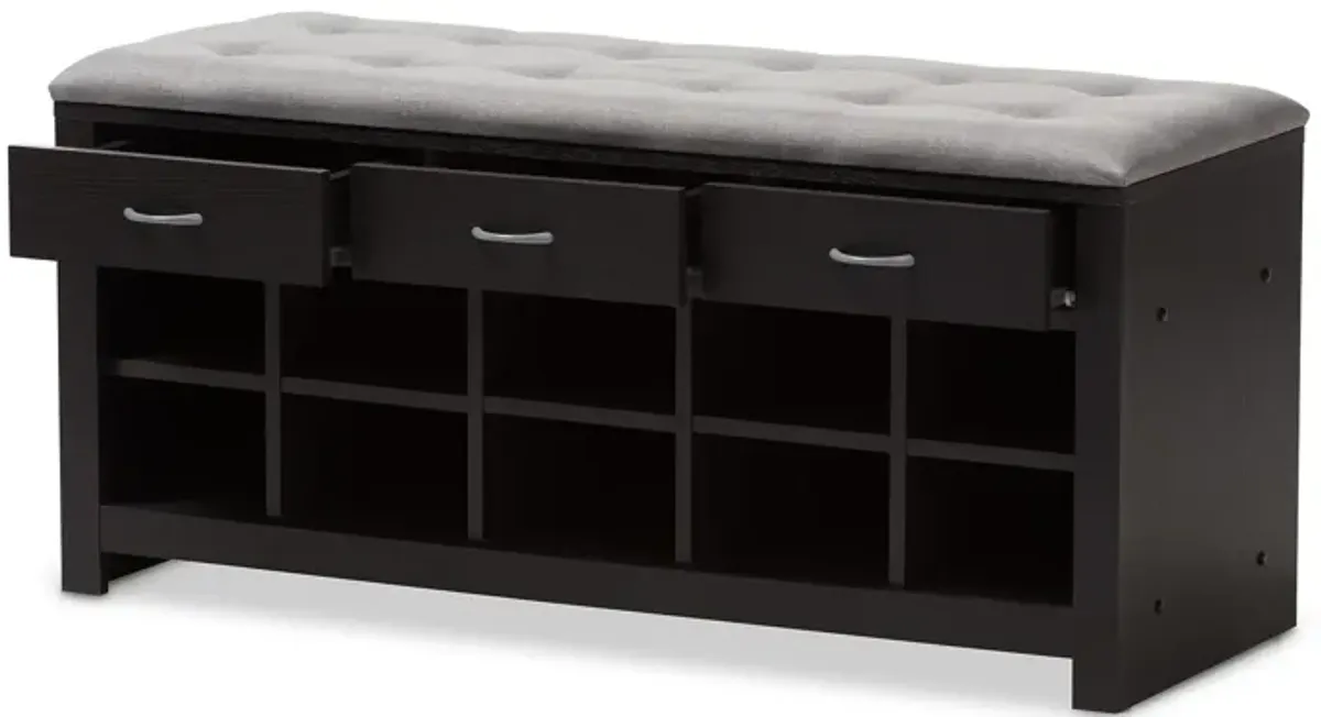 Baxton Studio Modern Espresso Finished Grey Fabric Upholstered Cushioned Entryway Bench