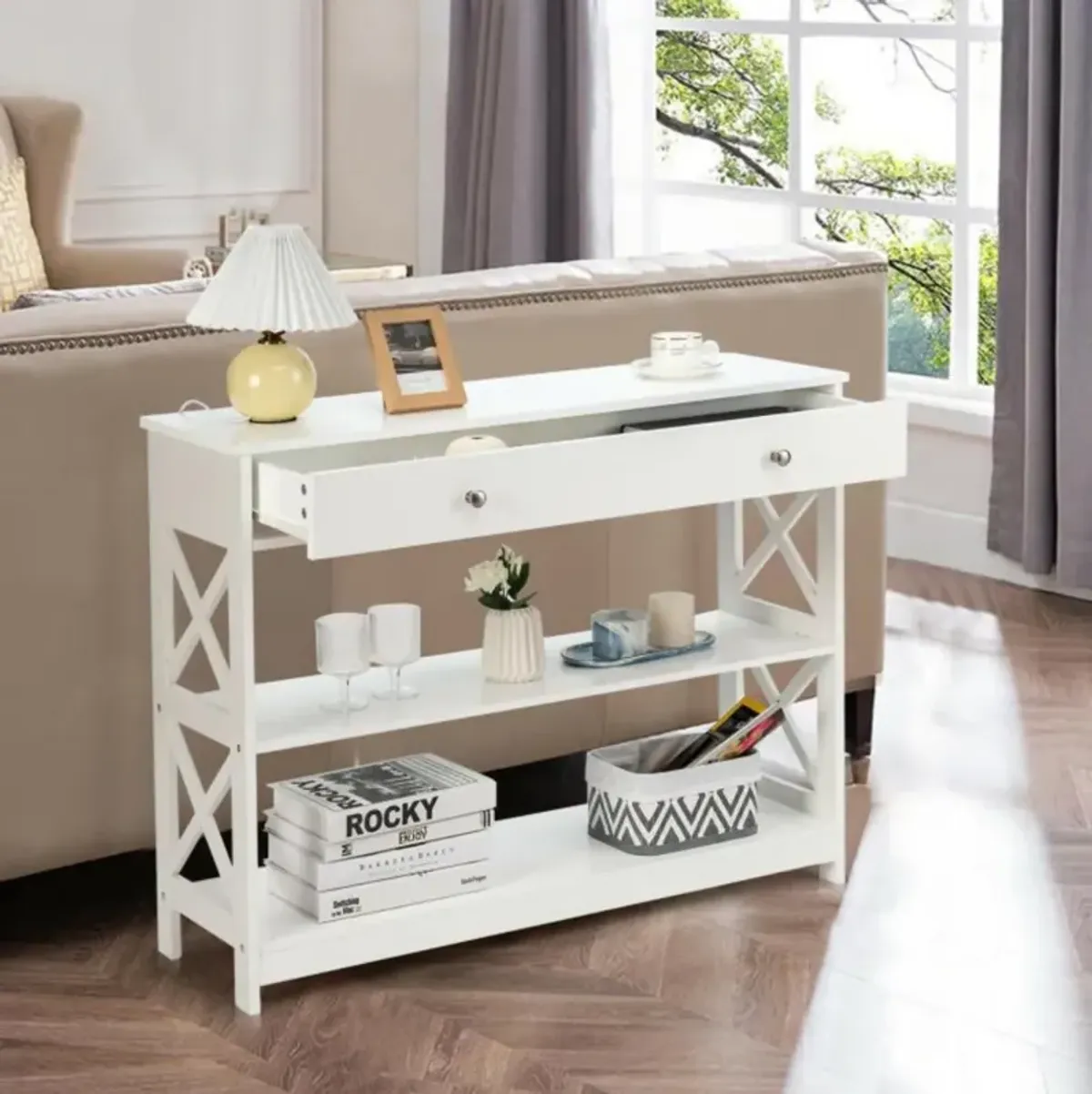 Hivvago 3-Tier Console Table with Drawers for Living Room Entryway