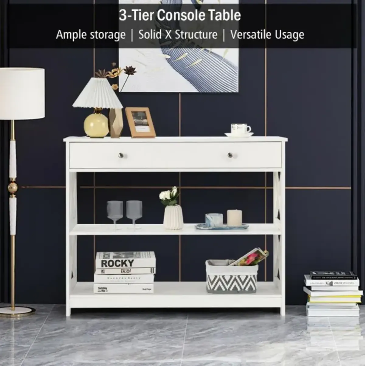 Hivvago 3-Tier Console Table with Drawers for Living Room Entryway