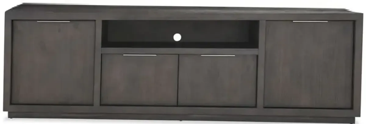 Jose 84 Inch Acacia Wood TV Entertainment Center Console, 4 Cabinets, Gray - Benzara