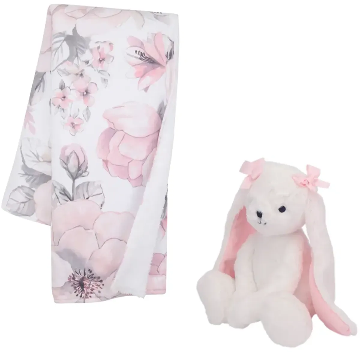 Lambs & Ivy Floral Blanket & White Plush Bunny Stuffed Animal Toy Baby Gift Set