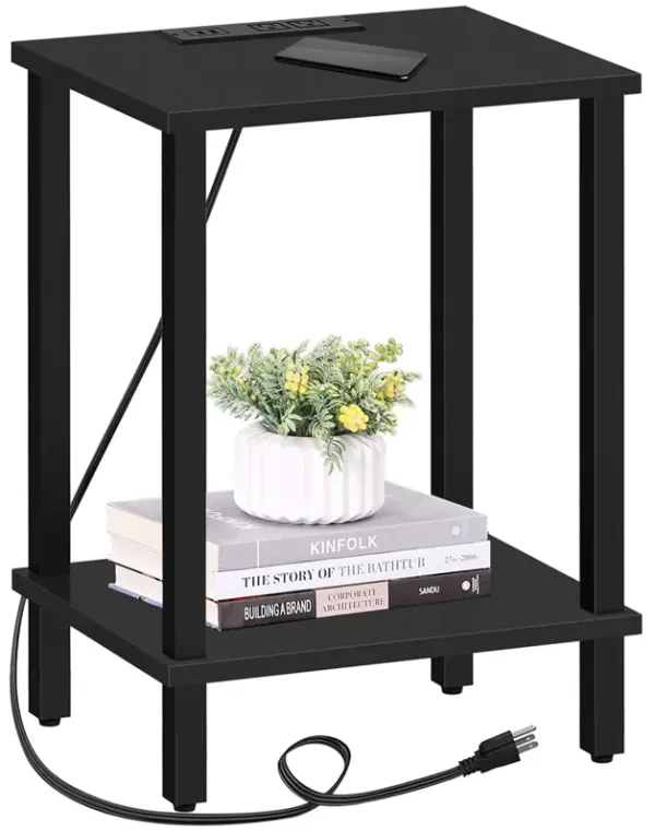 TUTOTAK End Table with Charging Station, Side Table with USB Ports and Outlets, Nightstand, 2-Tier Storage Shelf, Sofa Table for