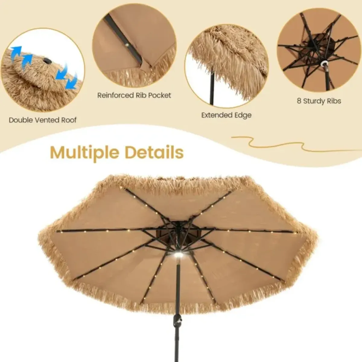 Hivvago 9 Feet Solar Powered Thatched Tiki Patio Umbrella with Led Lights