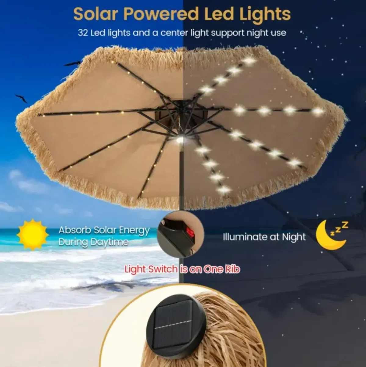 Hivvago 9 Feet Solar Powered Thatched Tiki Patio Umbrella with Led Lights