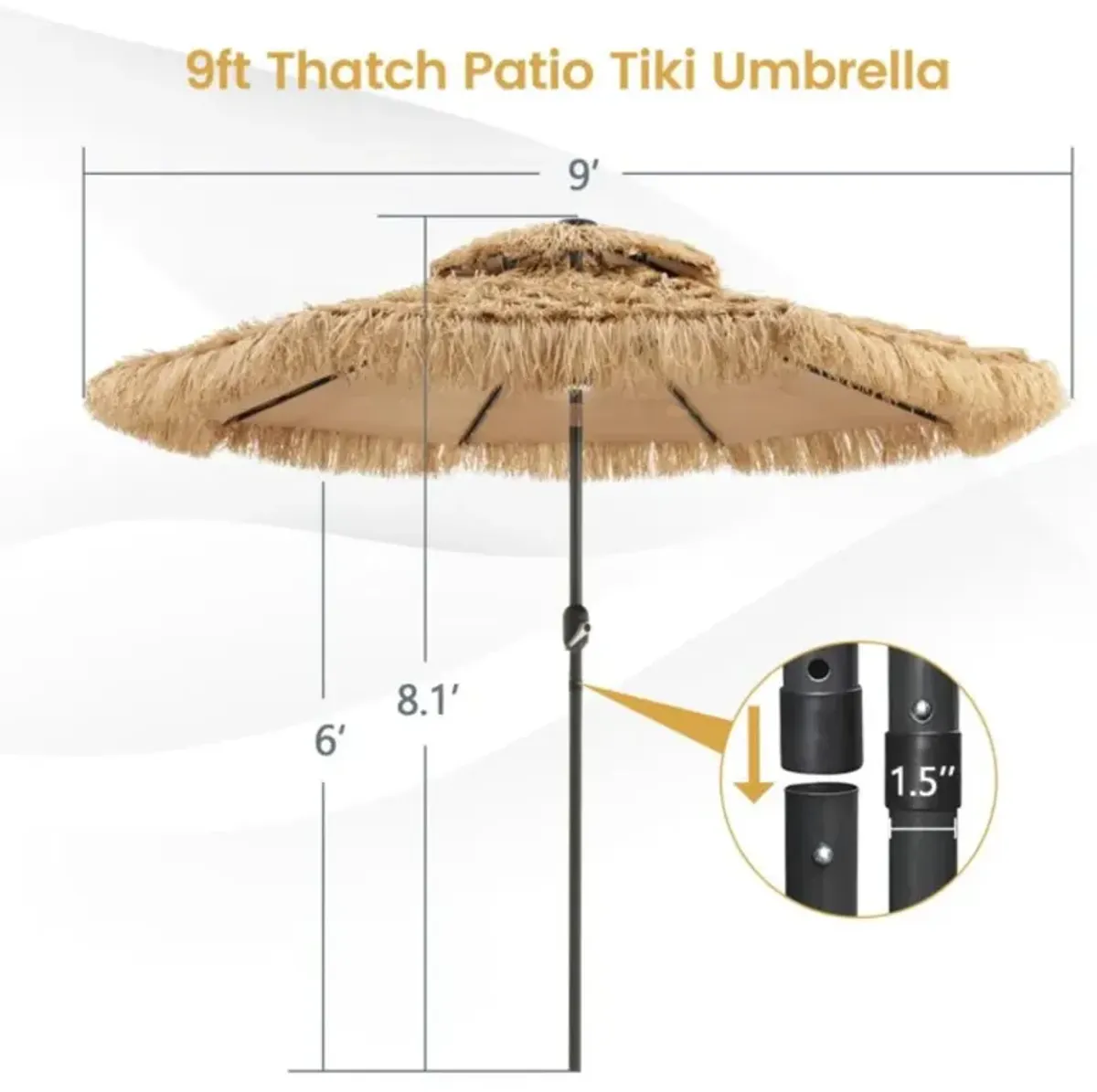 Hivvago 9 Feet Solar Powered Thatched Tiki Patio Umbrella with Led Lights