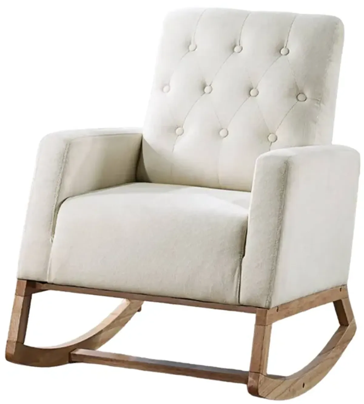 Clair Rocking Chair, Natural  Brown Solid Wood, Beige Button Tufted - Benzara