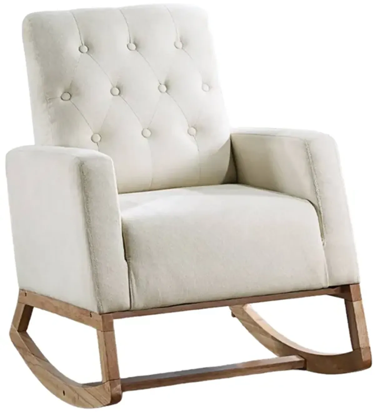 Clair Rocking Chair, Natural  Brown Solid Wood, Beige Button Tufted - Benzara