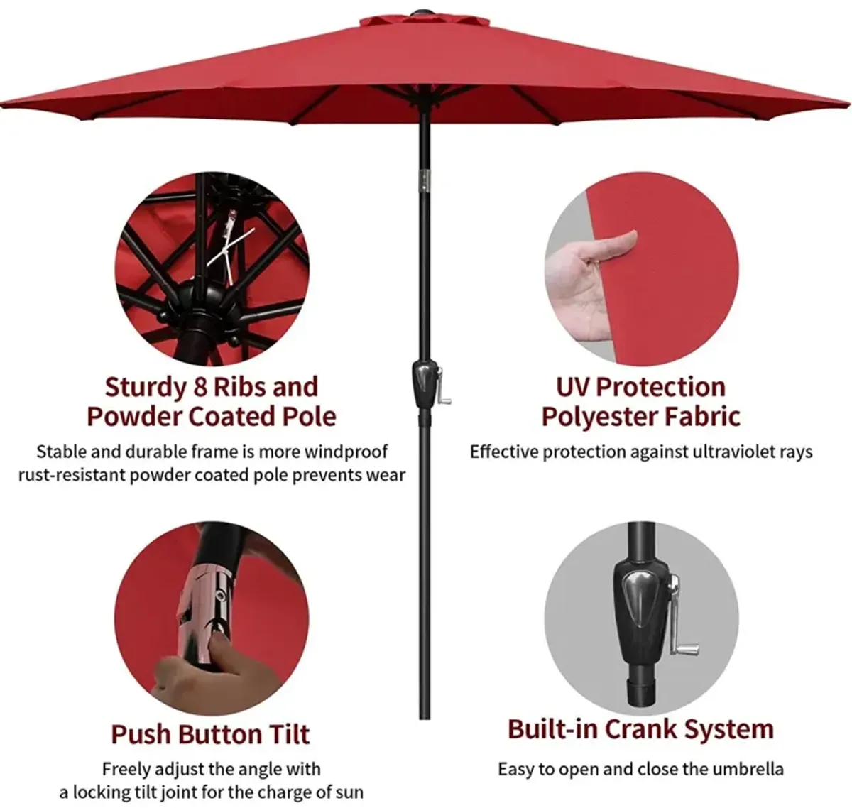 9 ft Outdoor Market Table Patio Umbrella with Button Tilt, Crank and 8 Sturdy Ribs for Garden