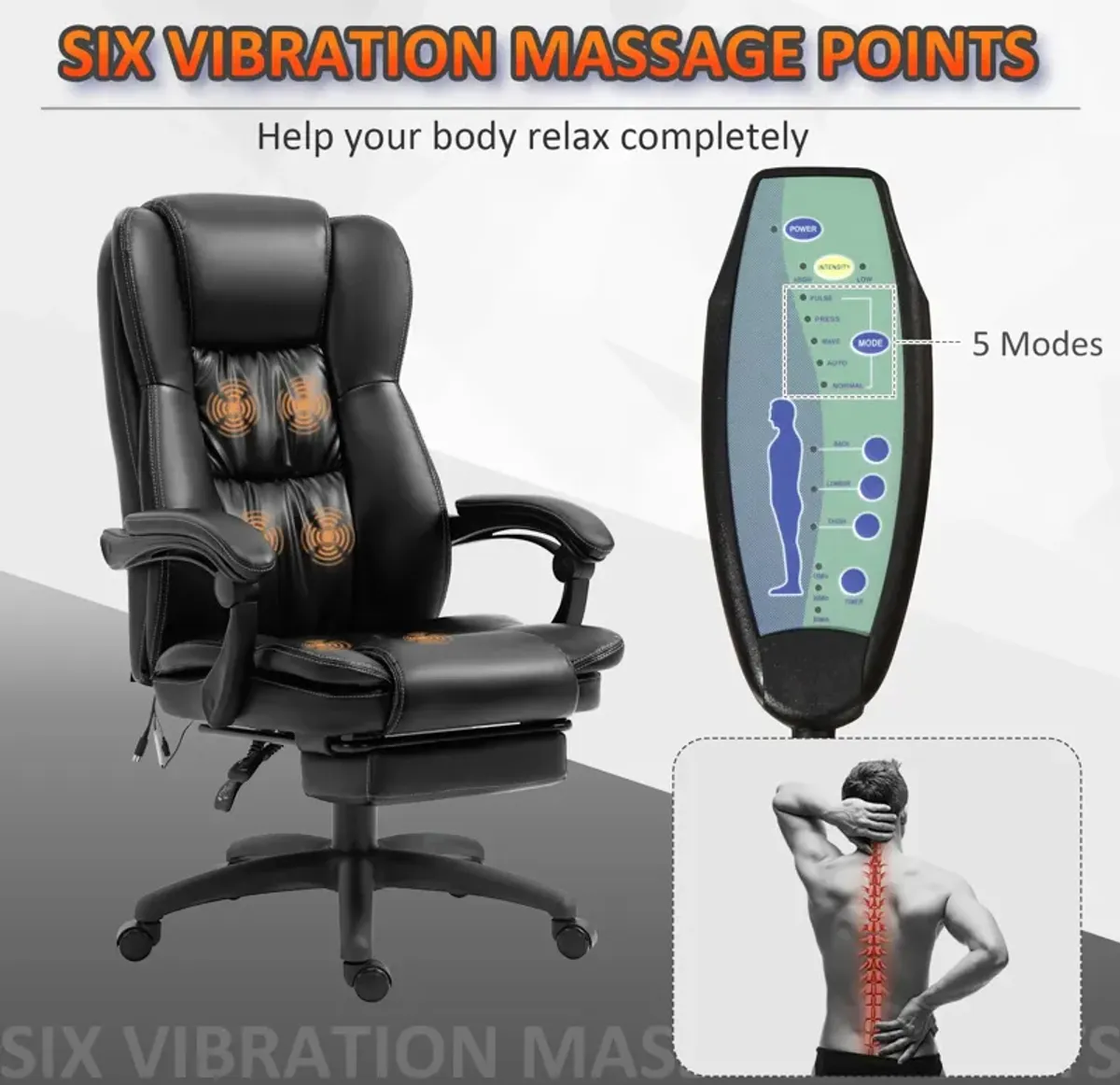 Black Executive Massager: Leather High Back Chair with 6-Point Vibration