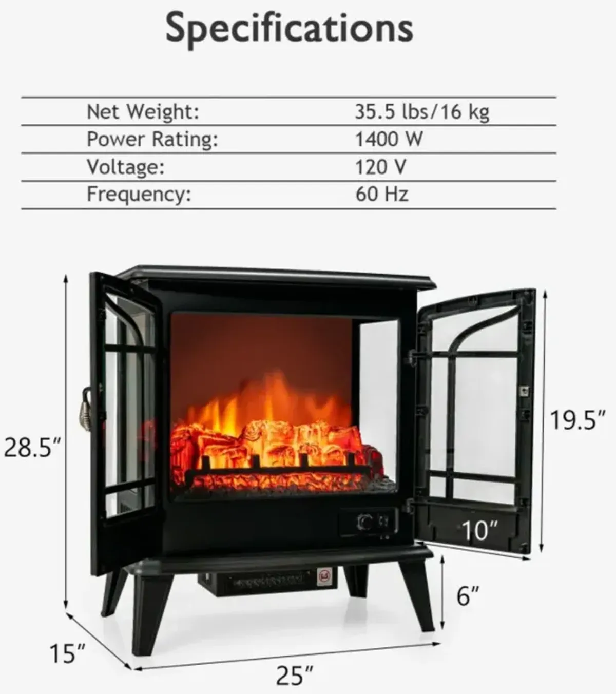 Hivvago 25 Inch Freestanding Electric Fireplace Heater with Realistic Flame effect-Black