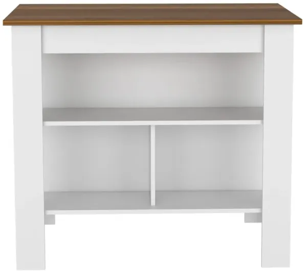 DEPOT E-SHOP Delos Kitchen Island, Four Legs, Three Shelves, White / Walnut