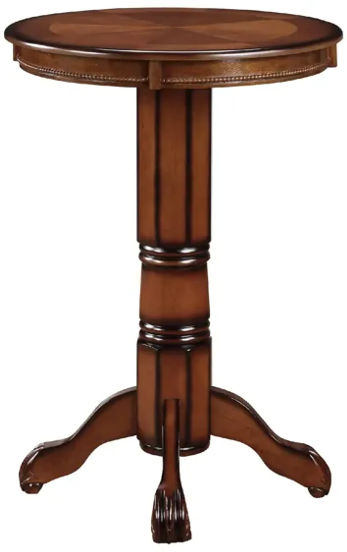 Ava 42 Inch Wood Pub Bar Table, Sunburst Design, Carved Pedestal, Brown-Benzara