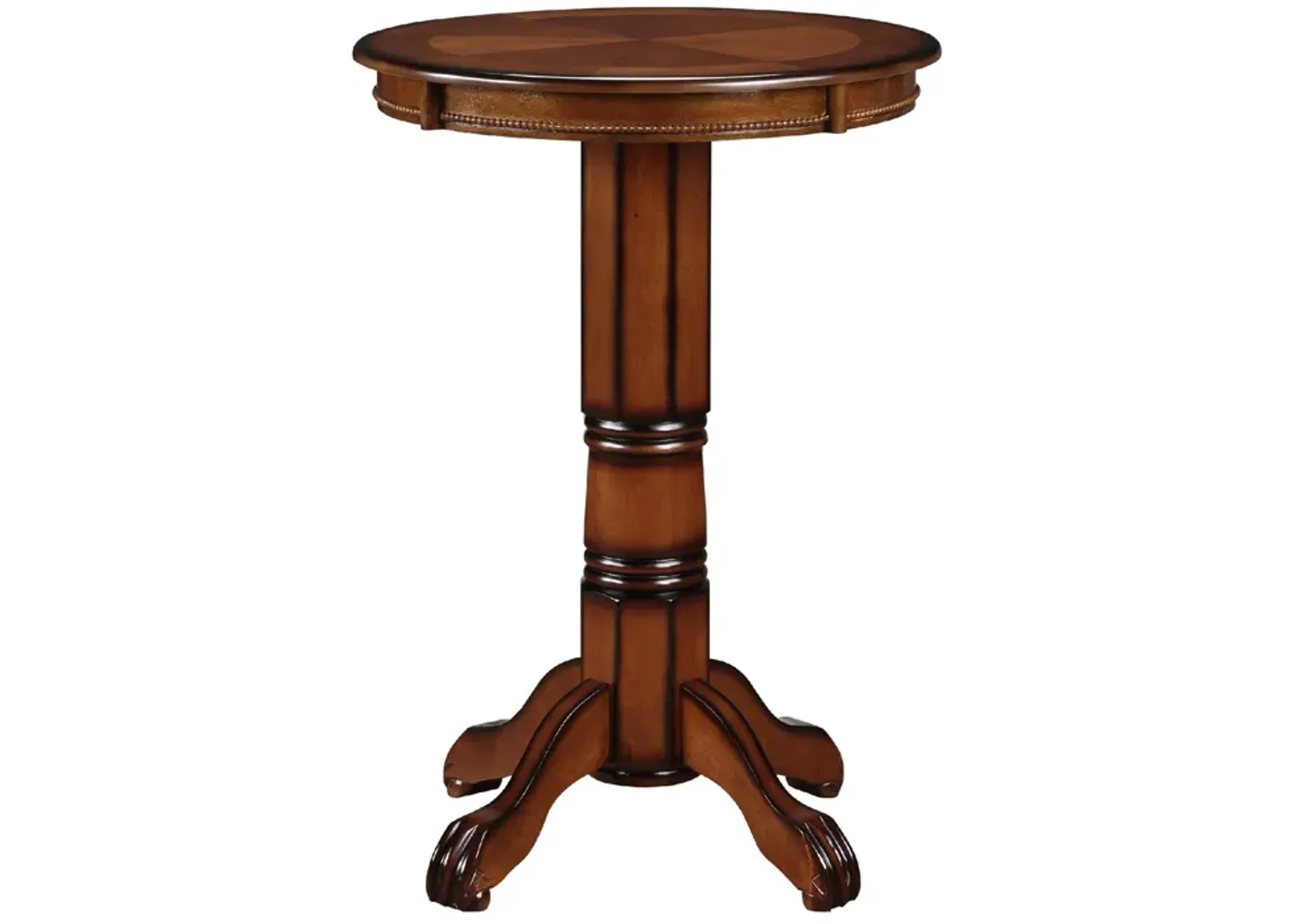 Ava 42 Inch Wood Pub Bar Table, Sunburst Design, Carved Pedestal, Brown-Benzara