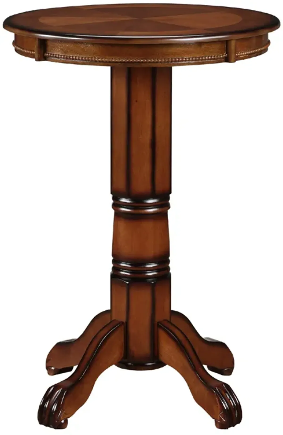 Ava 42 Inch Wood Pub Bar Table, Sunburst Design, Carved Pedestal, Brown-Benzara