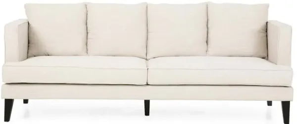 Lara Sofa, 4 Throw Pillows, Beige Polyester Upholstery, Black Wood, 86 Inch - Benzara