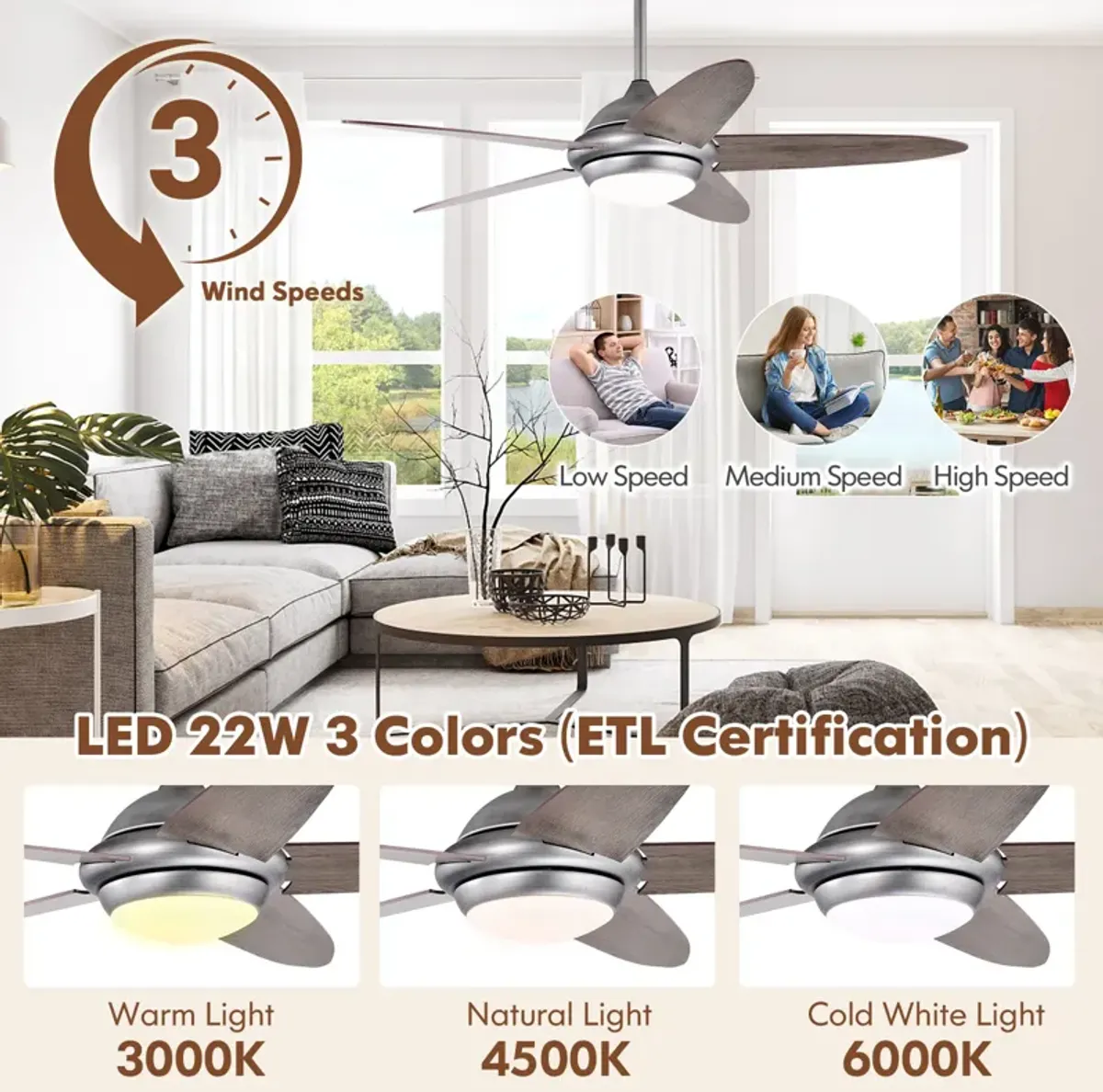 52 Inch Ceiling Fan with Lights and 3 Lighting Colors-Silver Gray