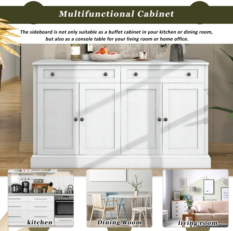 Kitchen Sideboard Storage Buffet Cabinet with 2 Drawers & 4 Doors Adjustable Shelves for Dining Room, Living Room (Antique White)