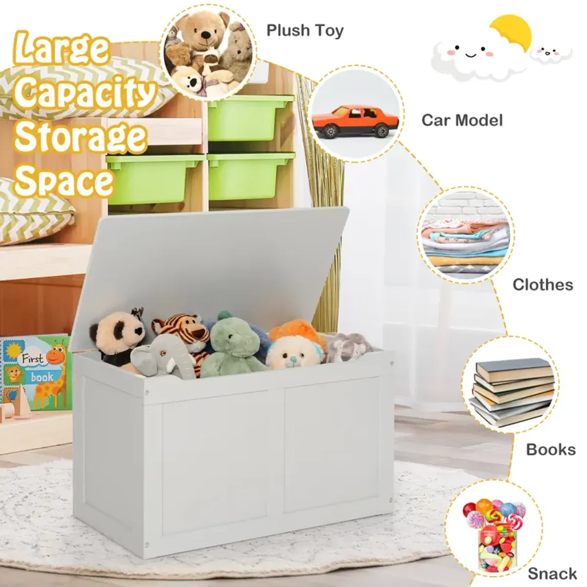 Safety Hinge Wooden Chest Organizer Toy Storage Box