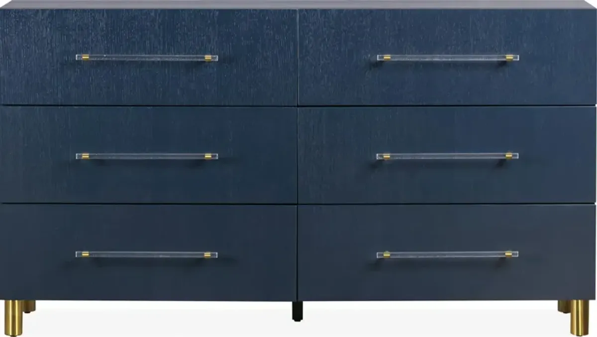 Argento Six Drawer Dresser in Navy Blue and Burnished Brass