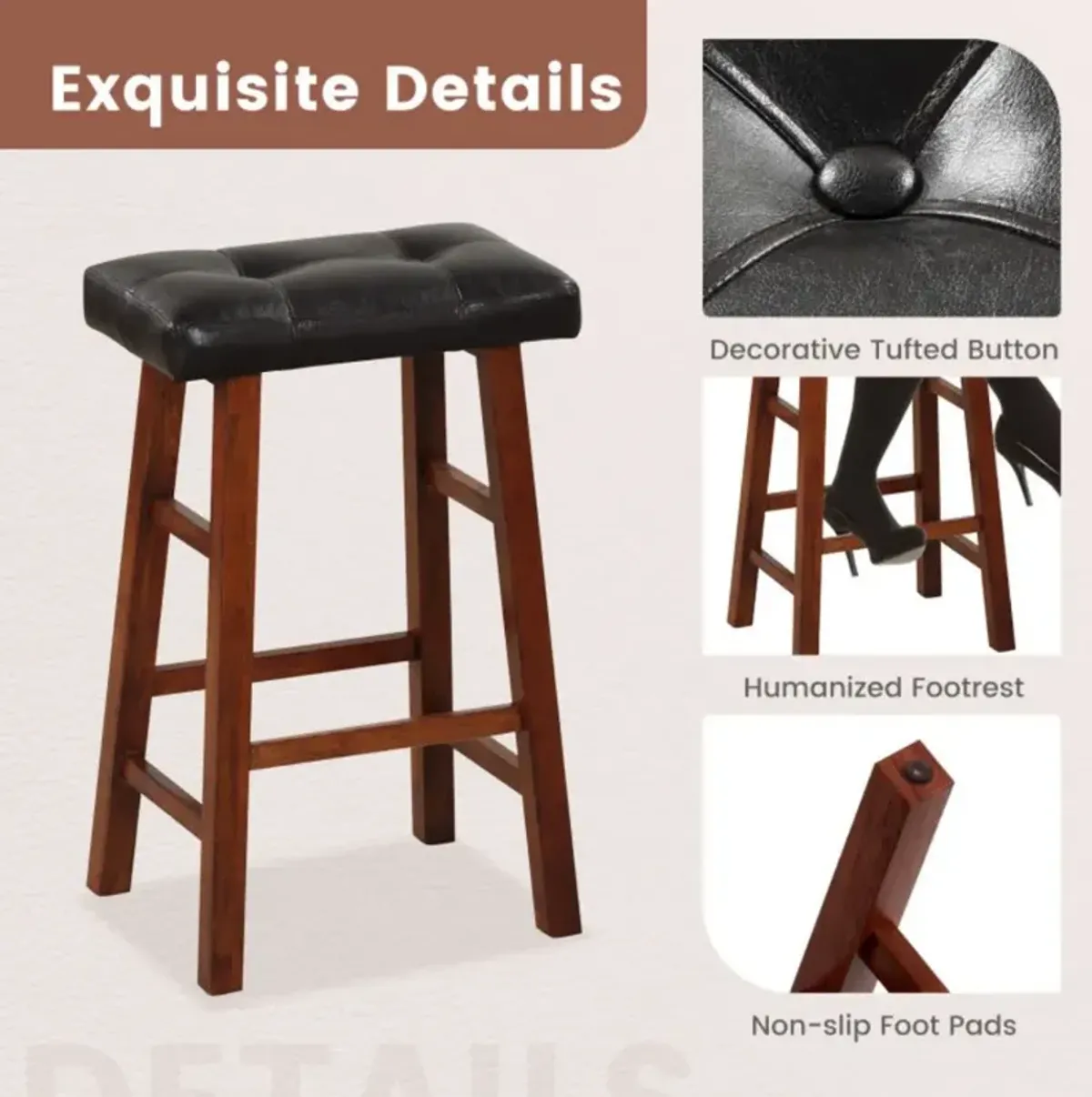 Set of 2 Modern Backless Bar Stools with Padded Cushion-29 inches