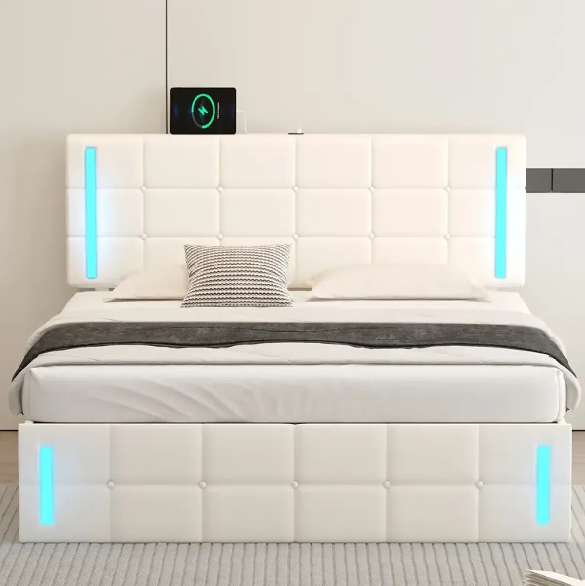 Storage Bed Frame Upholstered Platform Bed with LED Lights