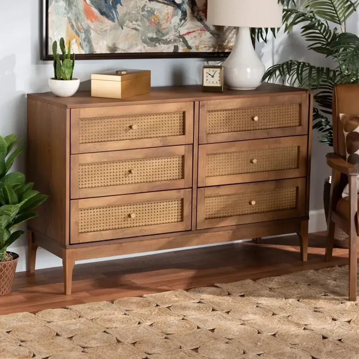 Baxton Studio Ramiel Mid-Century Modern Ash Walnut Finished Wood and Rattan 6-Drawer Dresser