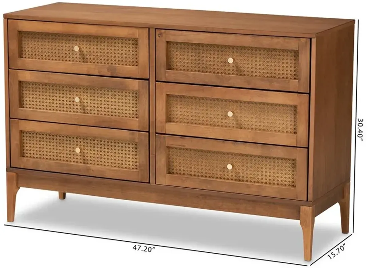 Baxton Studio Ramiel Mid-Century Modern Ash Walnut Finished Wood and Rattan 6-Drawer Dresser