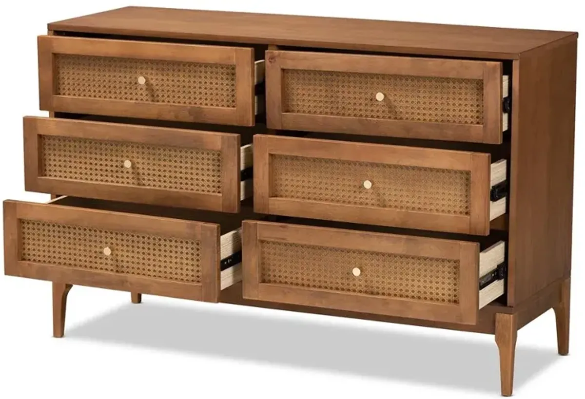 Baxton Studio Ramiel Mid-Century Modern Ash Walnut Finished Wood and Rattan 6-Drawer Dresser