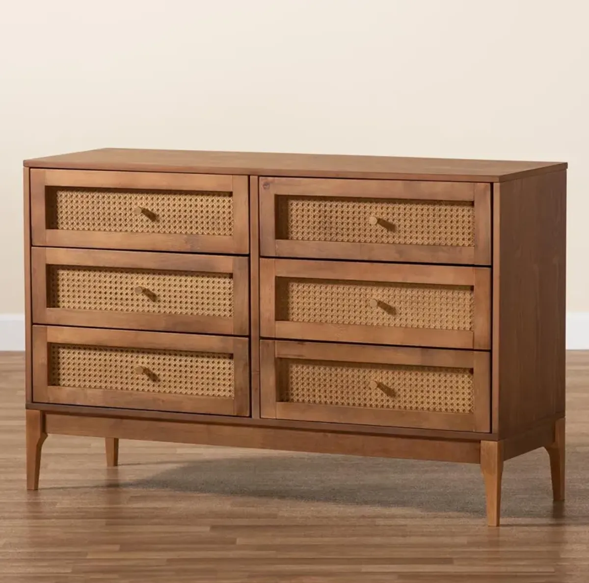 Baxton Studio Ramiel Mid-Century Modern Ash Walnut Finished Wood and Rattan 6-Drawer Dresser