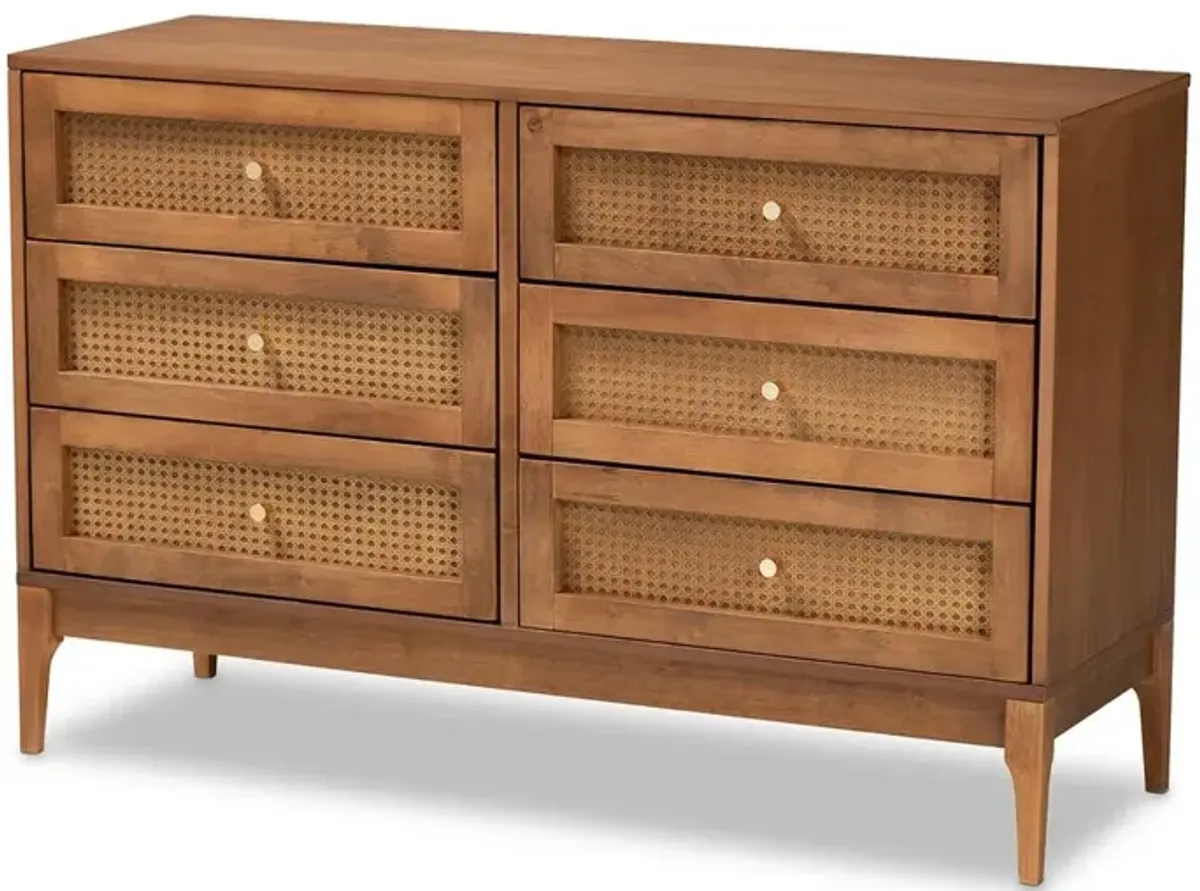 Baxton Studio Ramiel Mid-Century Modern Ash Walnut Finished Wood and Rattan 6-Drawer Dresser