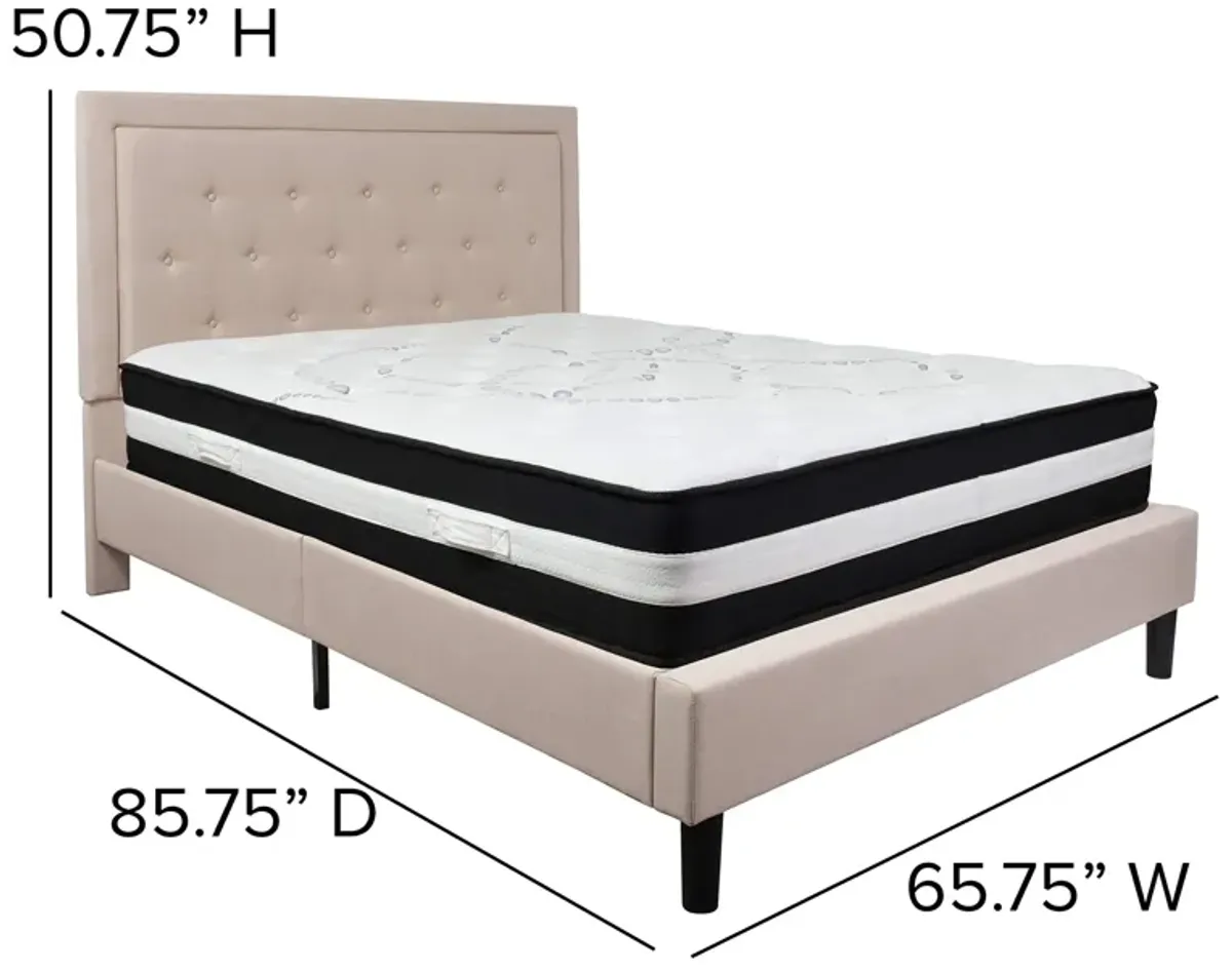 Roxbury Queen Size Tufted Upholstered Platform Bed in Beige Fabric with Pocket Spring Mattress