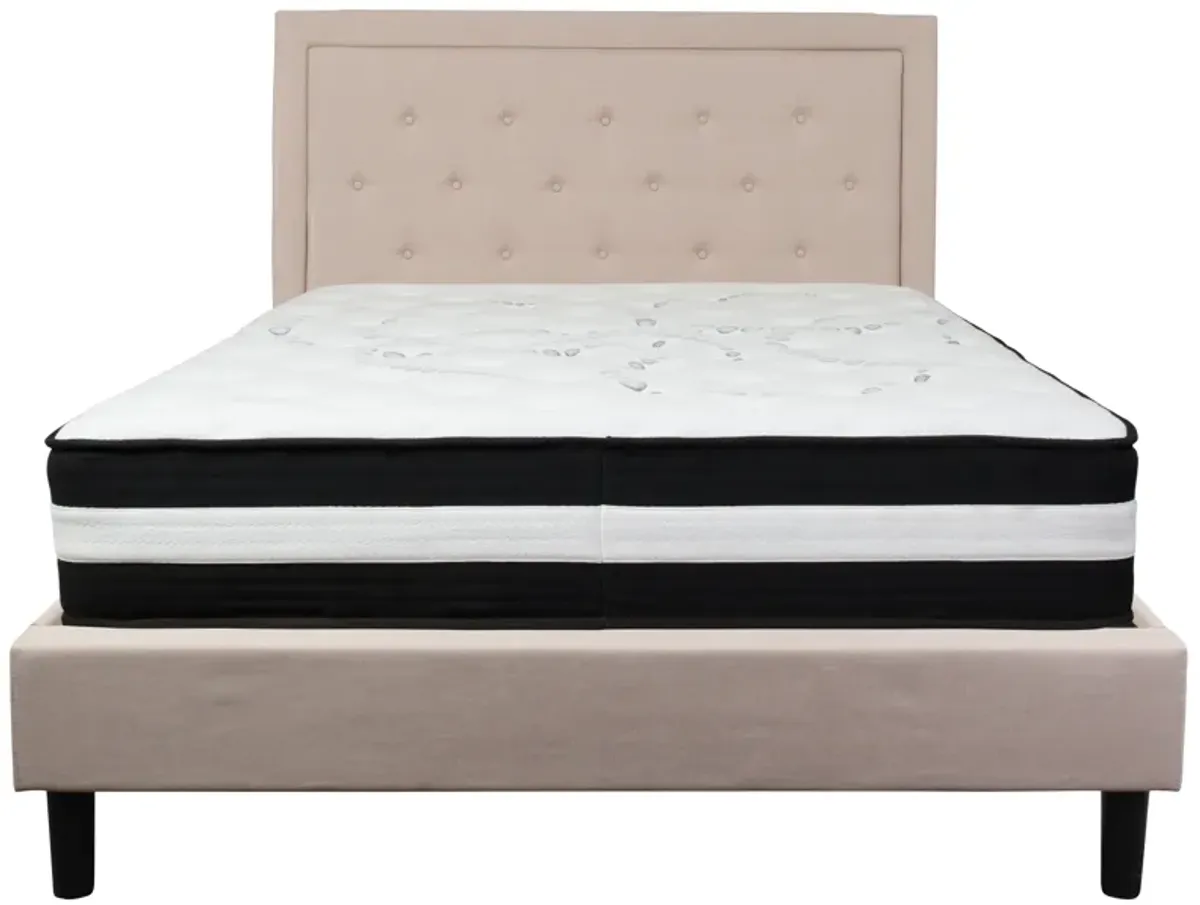 Roxbury Queen Size Tufted Upholstered Platform Bed in Beige Fabric with Pocket Spring Mattress