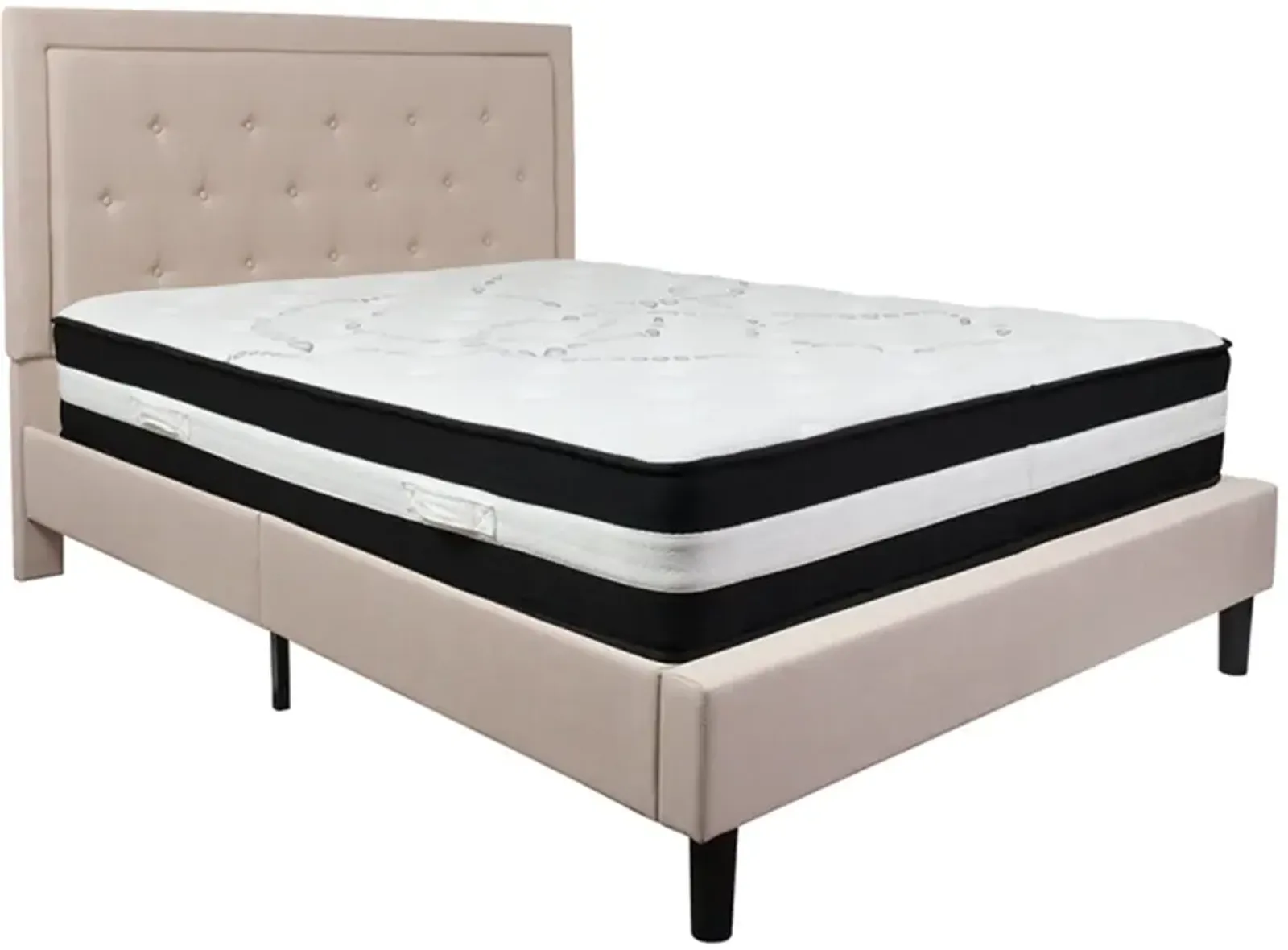 Roxbury Queen Size Tufted Upholstered Platform Bed in Beige Fabric with Pocket Spring Mattress