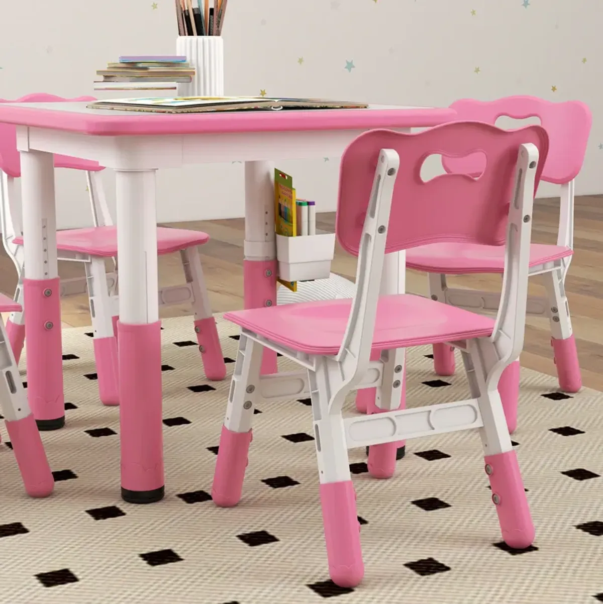 Qaba Kids Table and Chair Set, Height Adjustable 5 Piece Toddler Table and Chair Set with Storage Box, Easy to Wipe Activity Table with 4 Chairs for Ages 18 Months-5 Years, Pink