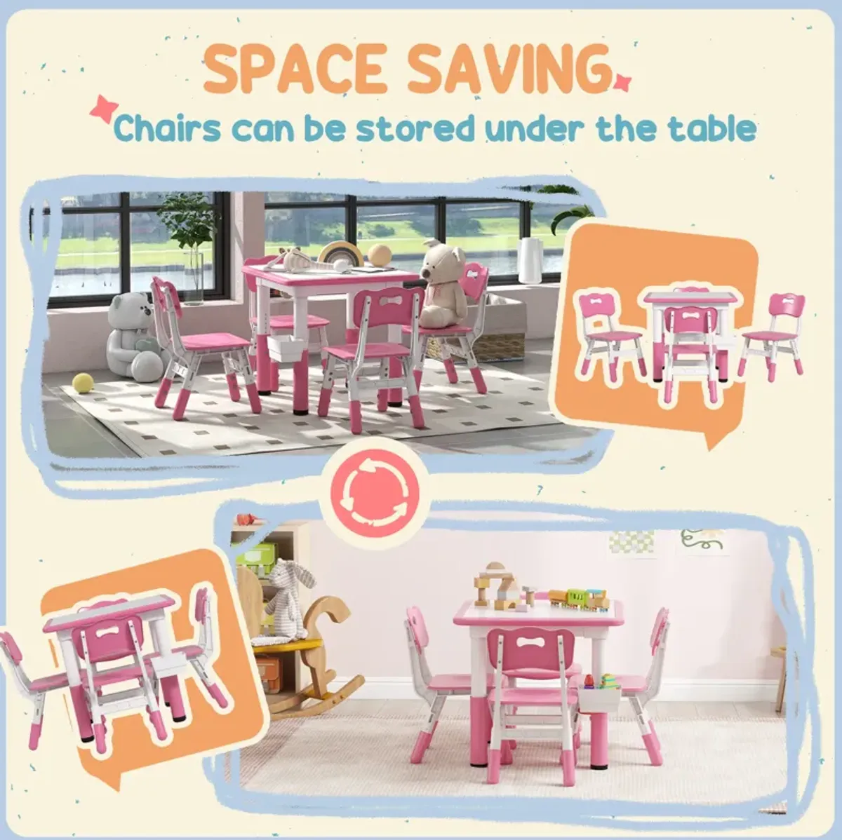 Qaba Kids Table and Chair Set, Height Adjustable 5 Piece Toddler Table and Chair Set with Storage Box, Easy to Wipe Activity Table with 4 Chairs for Ages 18 Months-5 Years, Pink