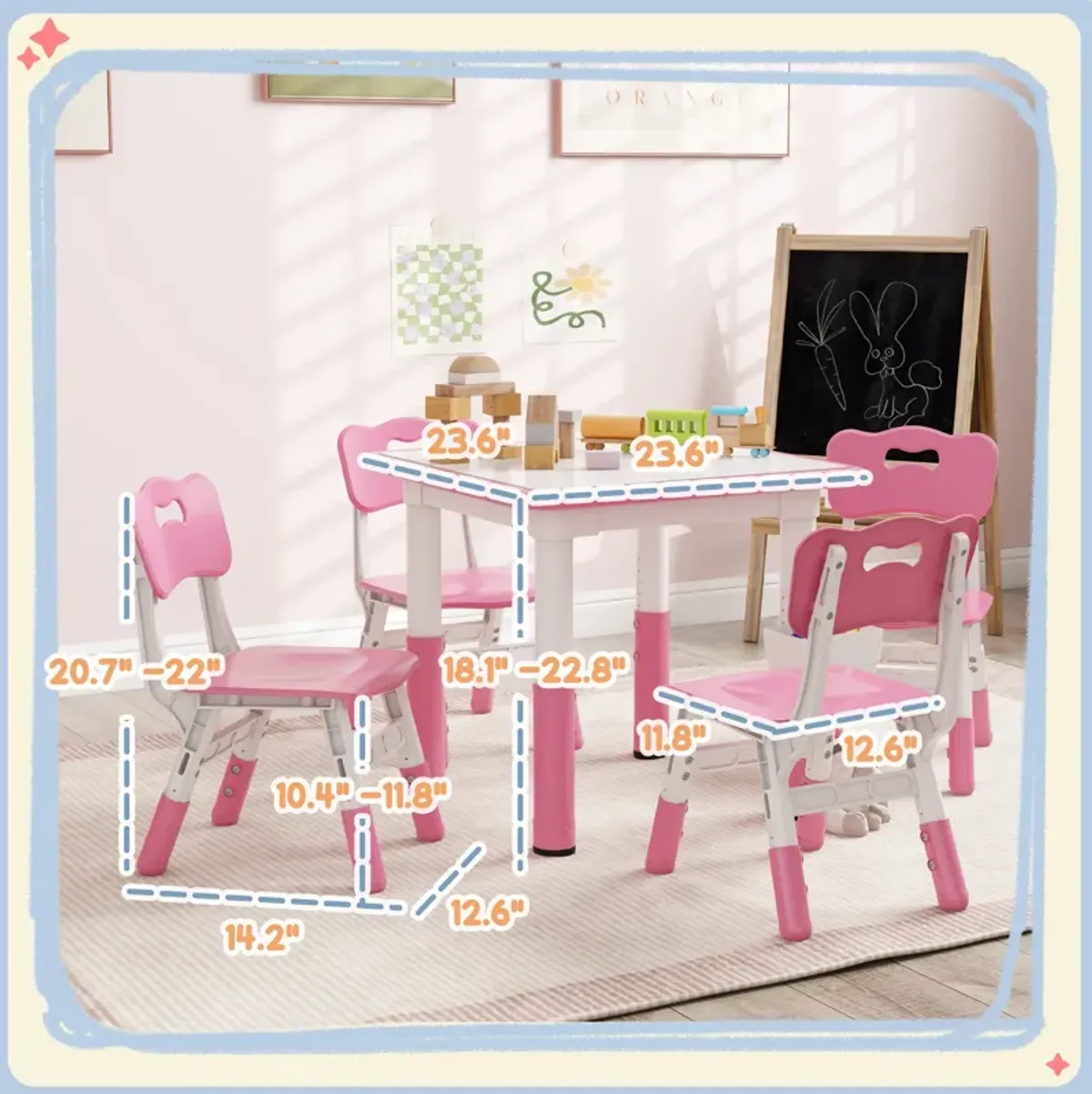 Qaba Kids Table and Chair Set, Height Adjustable 5 Piece Toddler Table and Chair Set with Storage Box, Easy to Wipe Activity Table with 4 Chairs for Ages 18 Months-5 Years, Pink