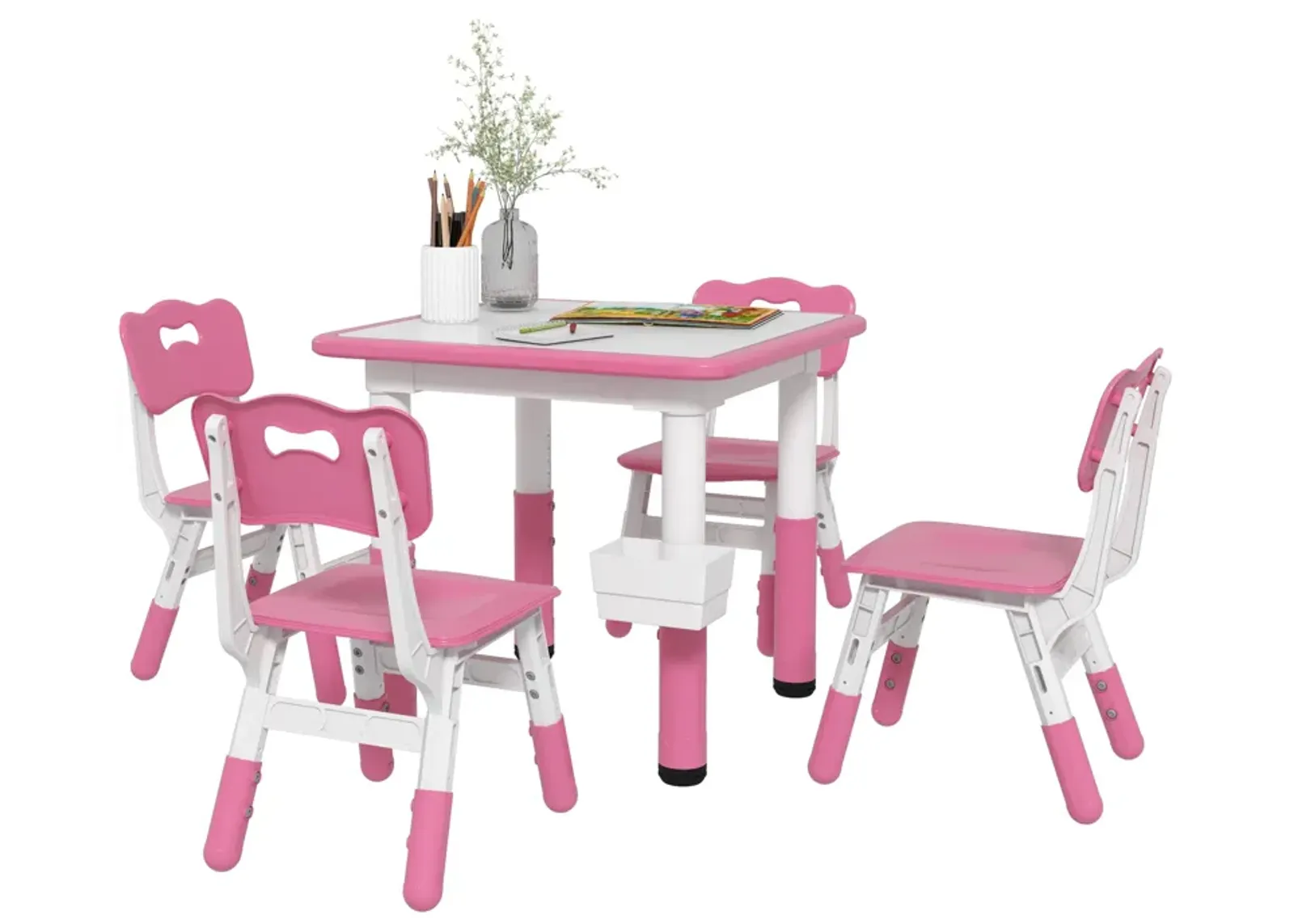 Qaba Kids Table and Chair Set, Height Adjustable 5 Piece Toddler Table and Chair Set with Storage Box, Easy to Wipe Activity Table with 4 Chairs for Ages 18 Months-5 Years, Pink