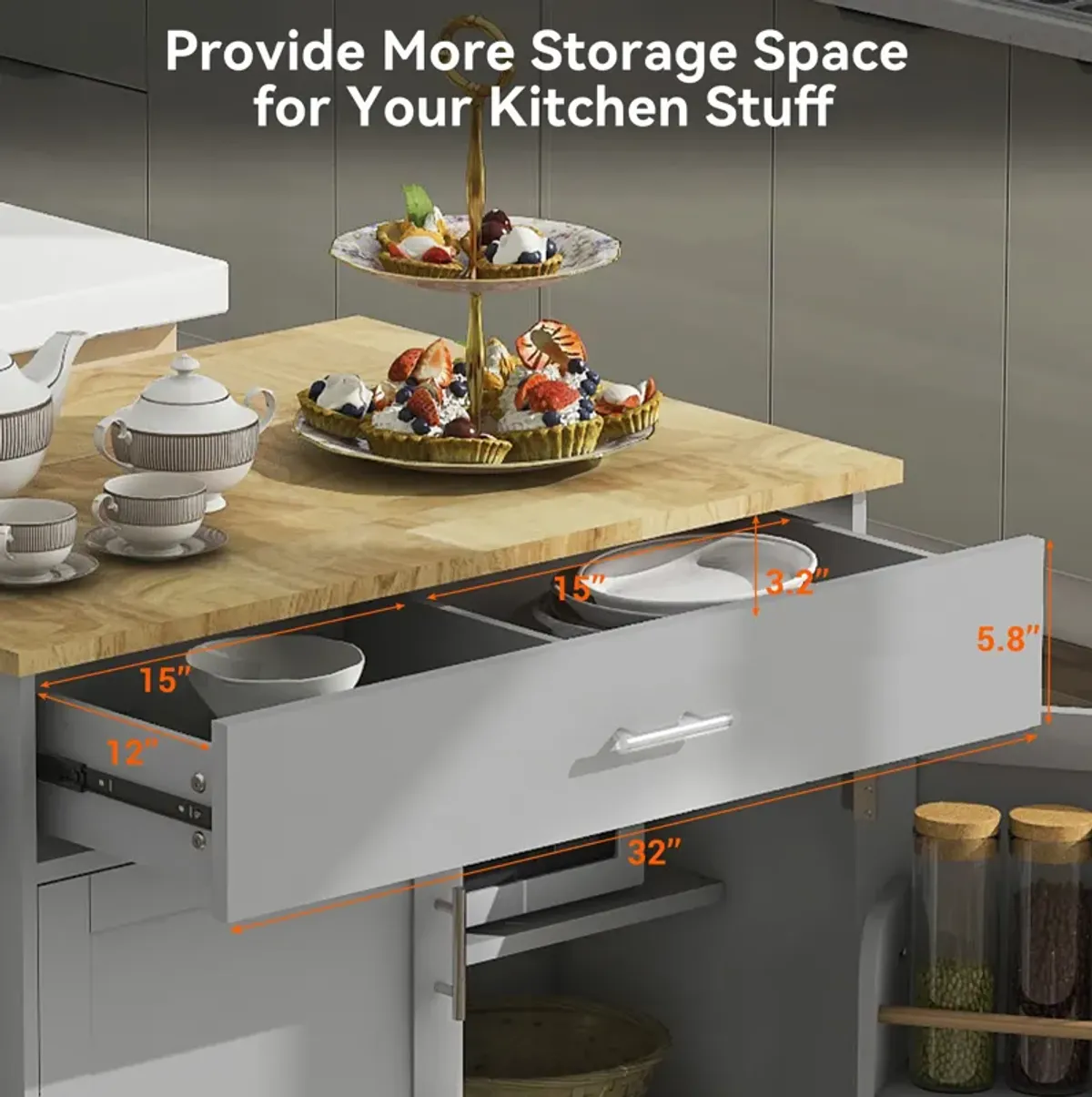 Whisen Modern Kitchen Island with Drawer and Adjustable shelves- Grey