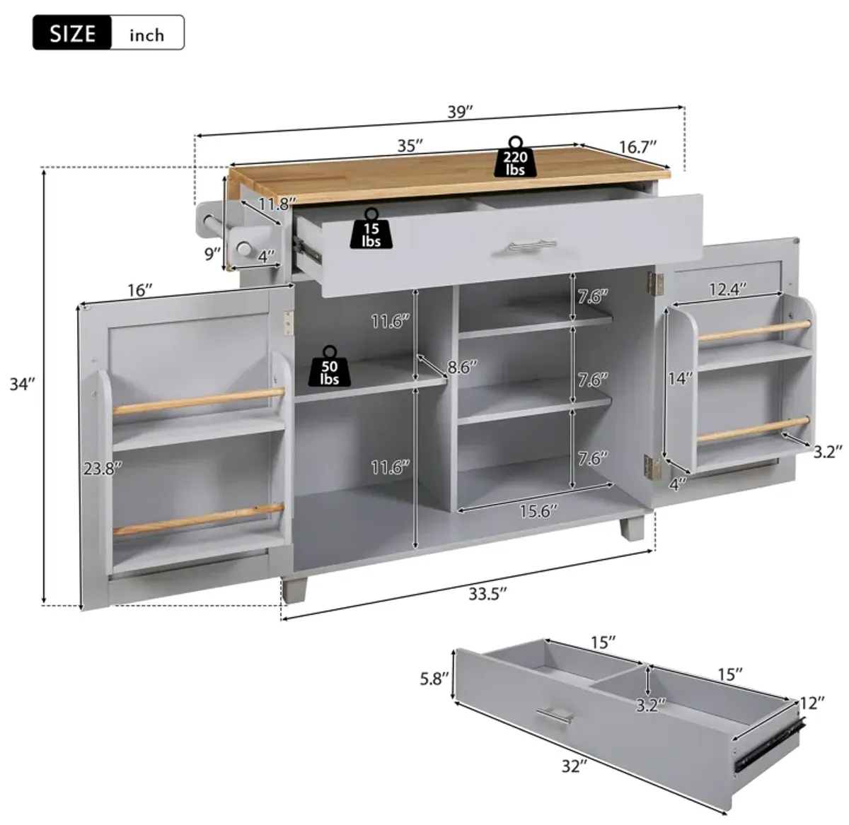Whisen Modern Kitchen Island with Drawer and Adjustable shelves- Grey