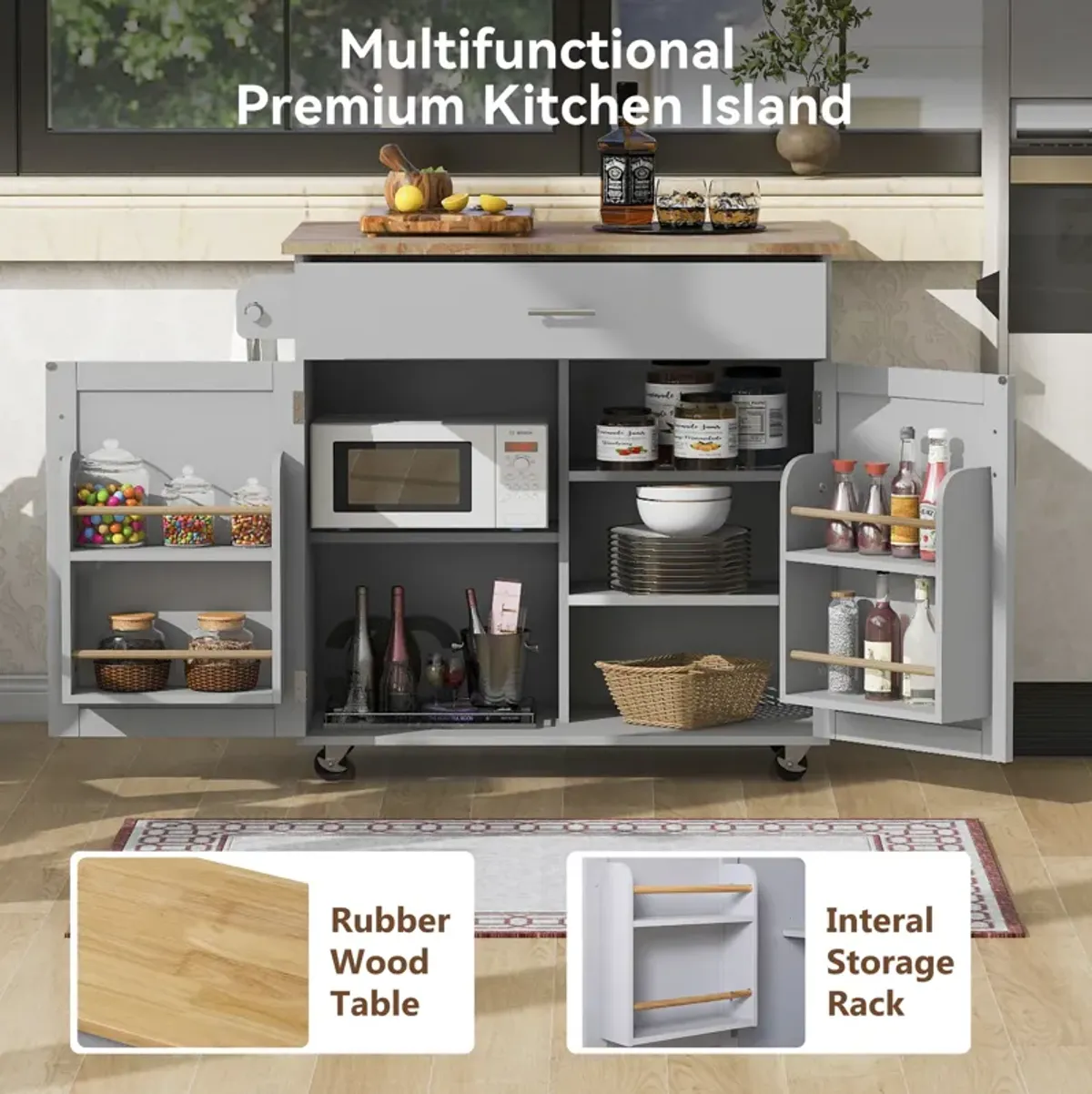 Whisen Modern Kitchen Island with Drawer and Adjustable shelves- Grey