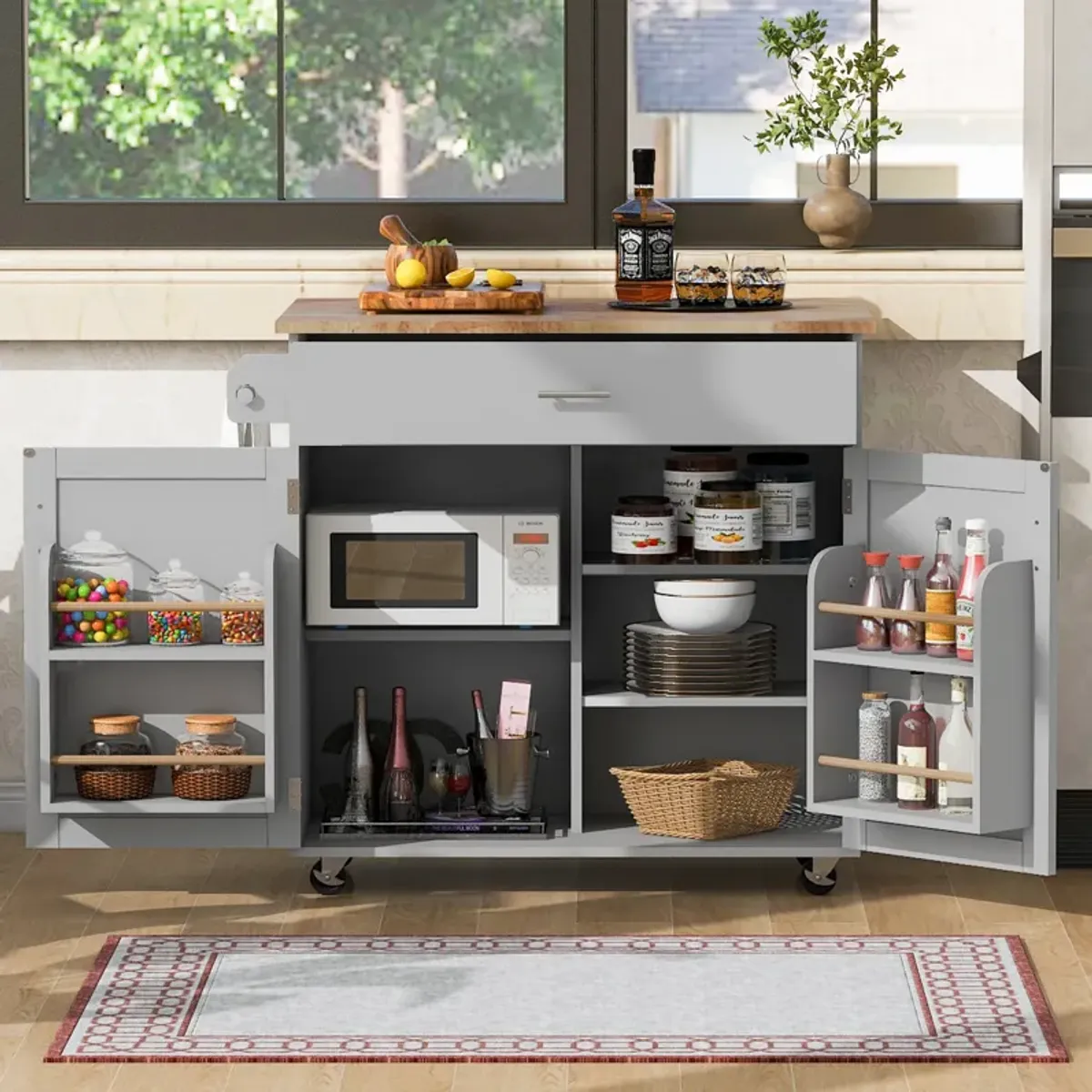 Whisen Modern Kitchen Island with Drawer and Adjustable shelves- Grey