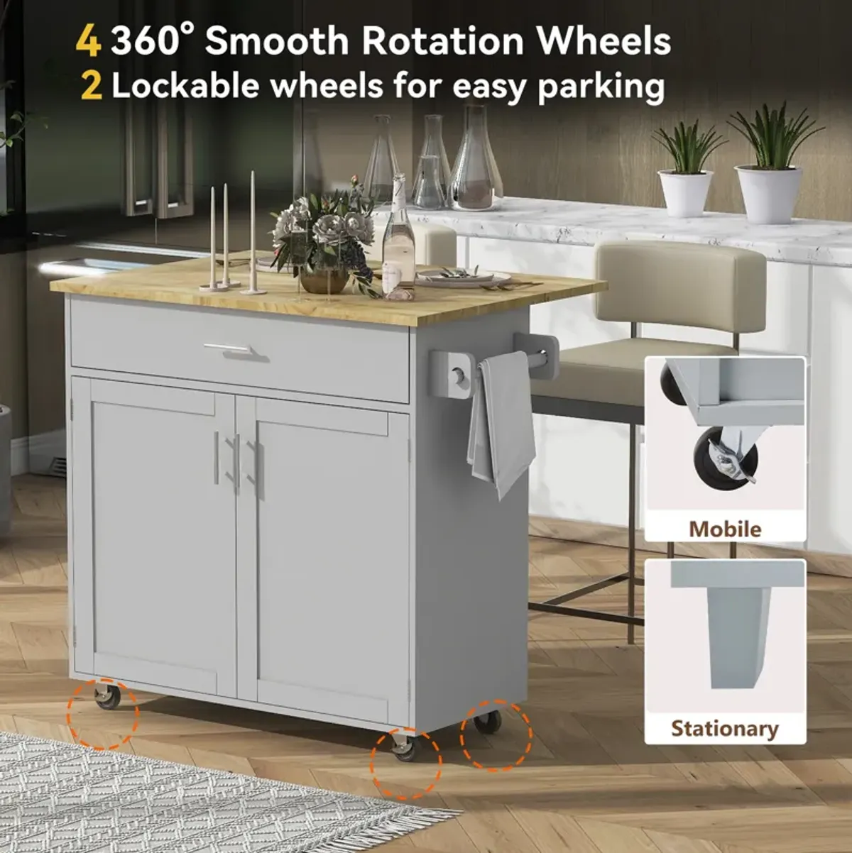 Whisen Modern Kitchen Island with Drawer and Adjustable shelves- Grey