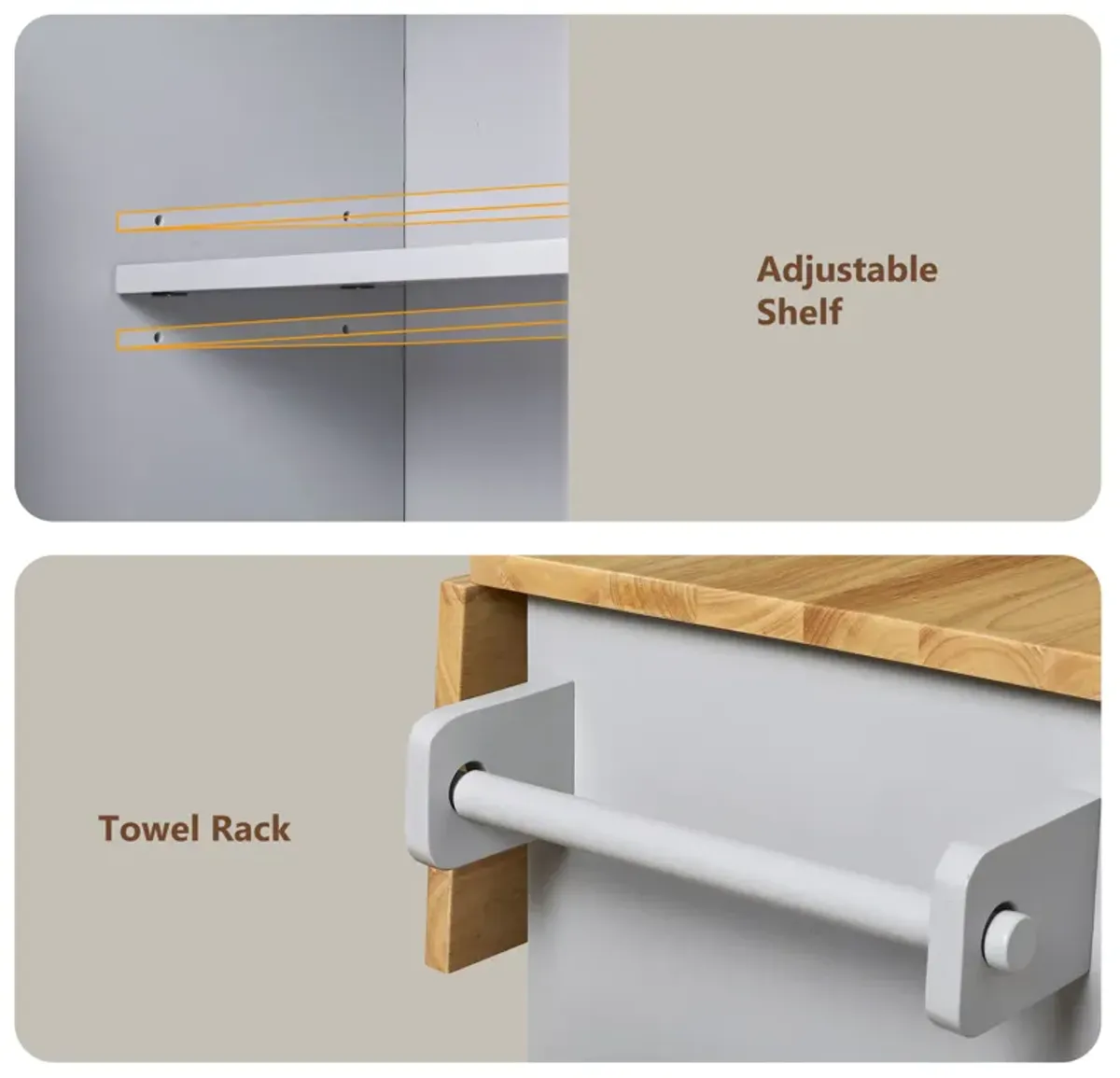 Whisen Modern Kitchen Island with Drawer and Adjustable shelves- Grey