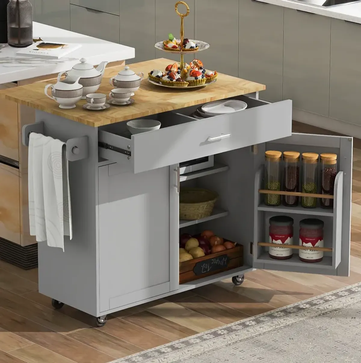 Whisen Modern Kitchen Island with Drawer and Adjustable shelves- Grey