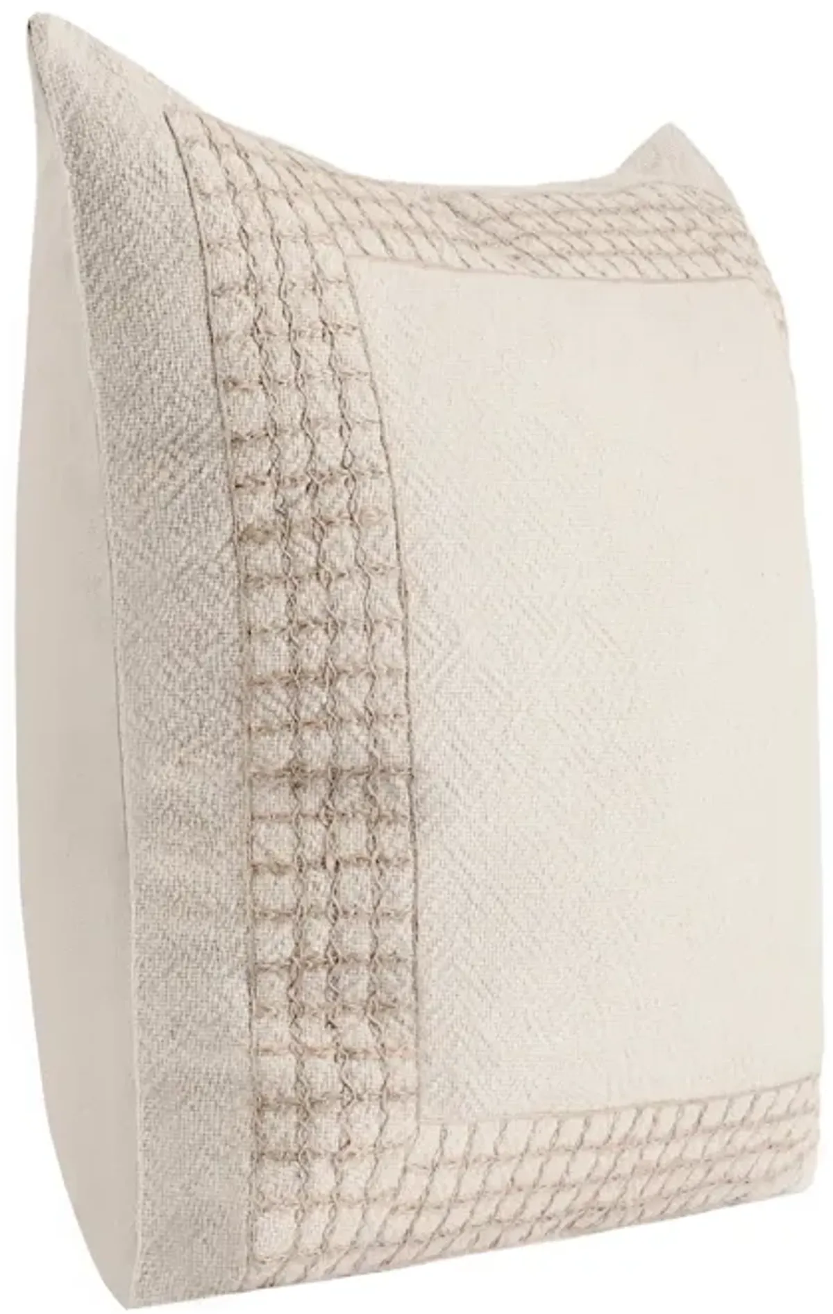 Throw Pillow, Jute Linen Embroidery Pattern, Square 26 Inch Beige - Benzara